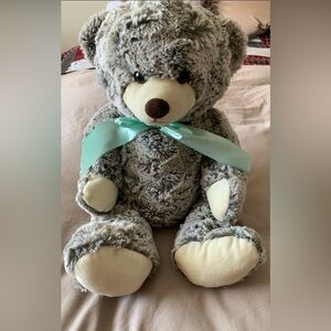 Plush Gray Teddy Bear with Mint Ribbon - Soft Decorative Accent